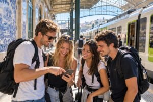 Quatre jeunes voyageurs souriants sur le quai d une gare portugaise devant un train grande ligne