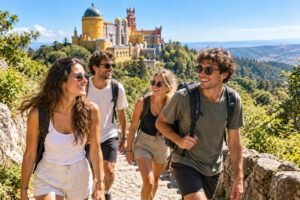 Jeunes amis en randonnée devant le palais de Pena à Sintra, week-end depuis Lisbonne