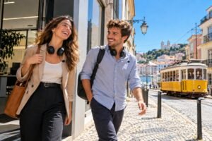 Deux jeunes collegues expatries quittent leur bureau a Lisbonne apres leur shift, tram jaune au soleil