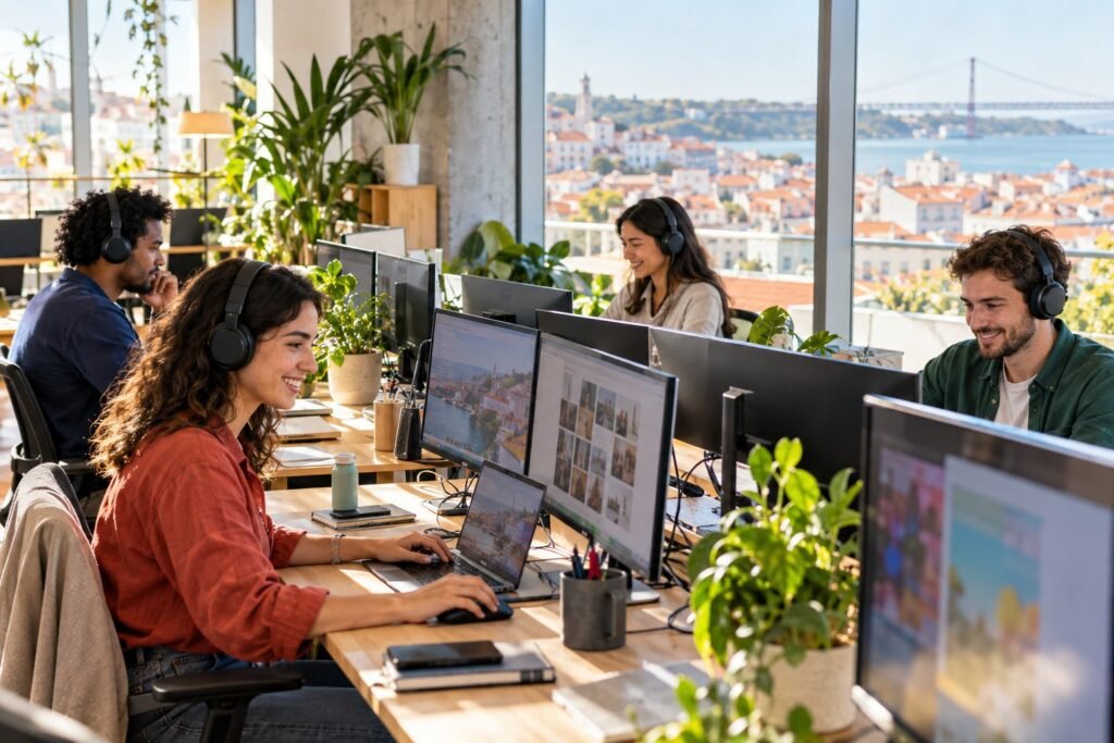 International support team wearing headsets in a bright Lisbon office overlooking the city