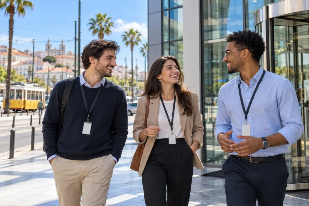 Young international professionals with company badges outside a modern Lisbon office