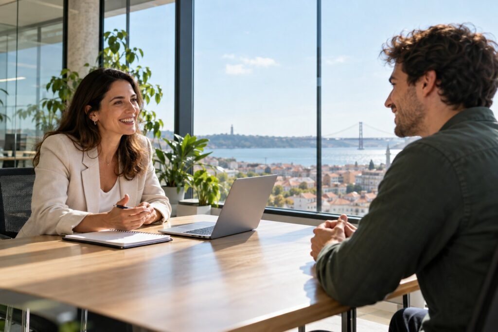 Relaxed job interview in a bright Lisbon meeting room with a city view