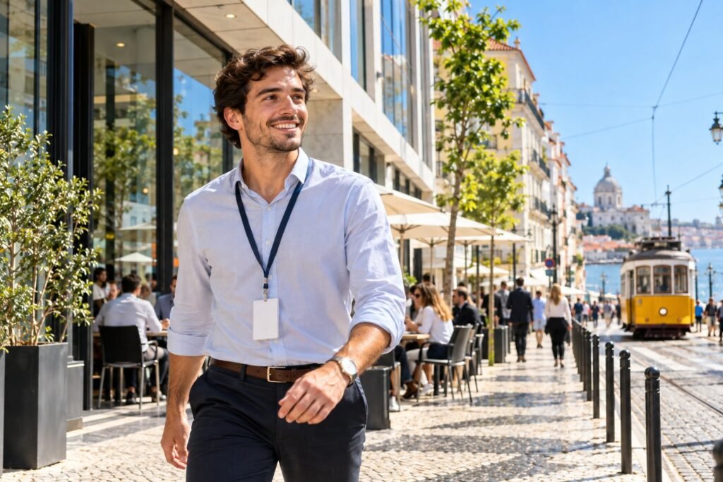 Young professional with a company badge walking to work in a sunny Lisbon street
