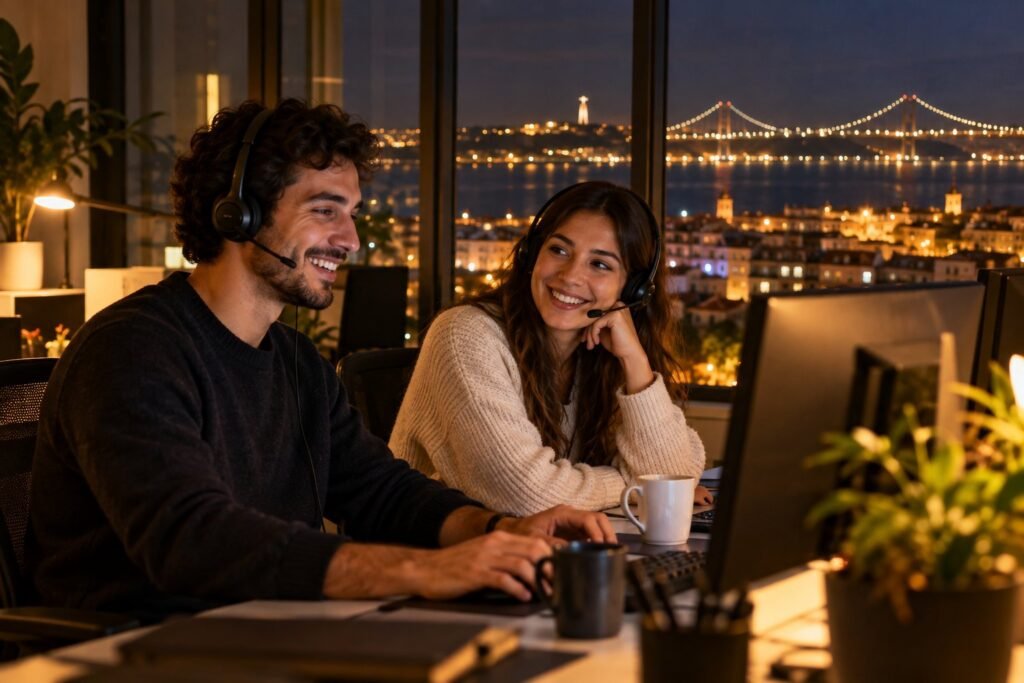 Two colleagues on a night shift in a Lisbon office with the lit bridge in the background