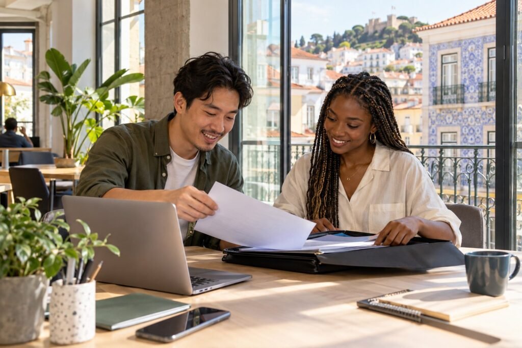 Two young professionals checking work documents in a bright Lisbon coworking space