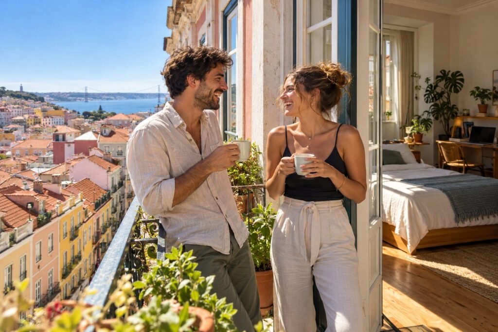 Deux jeunes colocataires européens prennent un café au balcon de leur logement de fonction à Lisbonne