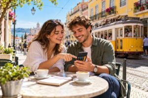 Jeunes Européens souriants calculant leur salaire net à Lisbonne en terrasse