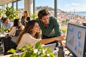 Young professionals helping each other with ad campaigns in a bright Lisbon office